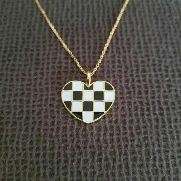 Rachel Zoe Black🖤 and White Checkered Enamel Heart♥️ Pendant Necklace - NWT - Picture 1 of 16